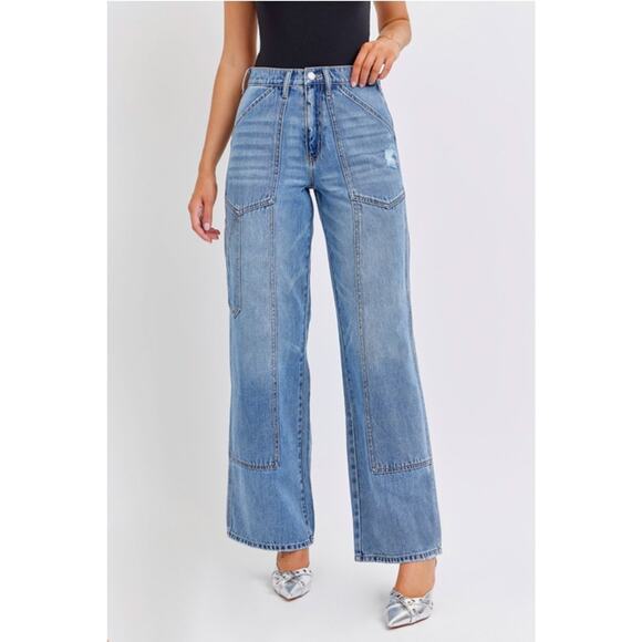 Cello Denim - Cello Medium Wash Size 9/29 High Rise Wide Leg Jean with Carpenter Details